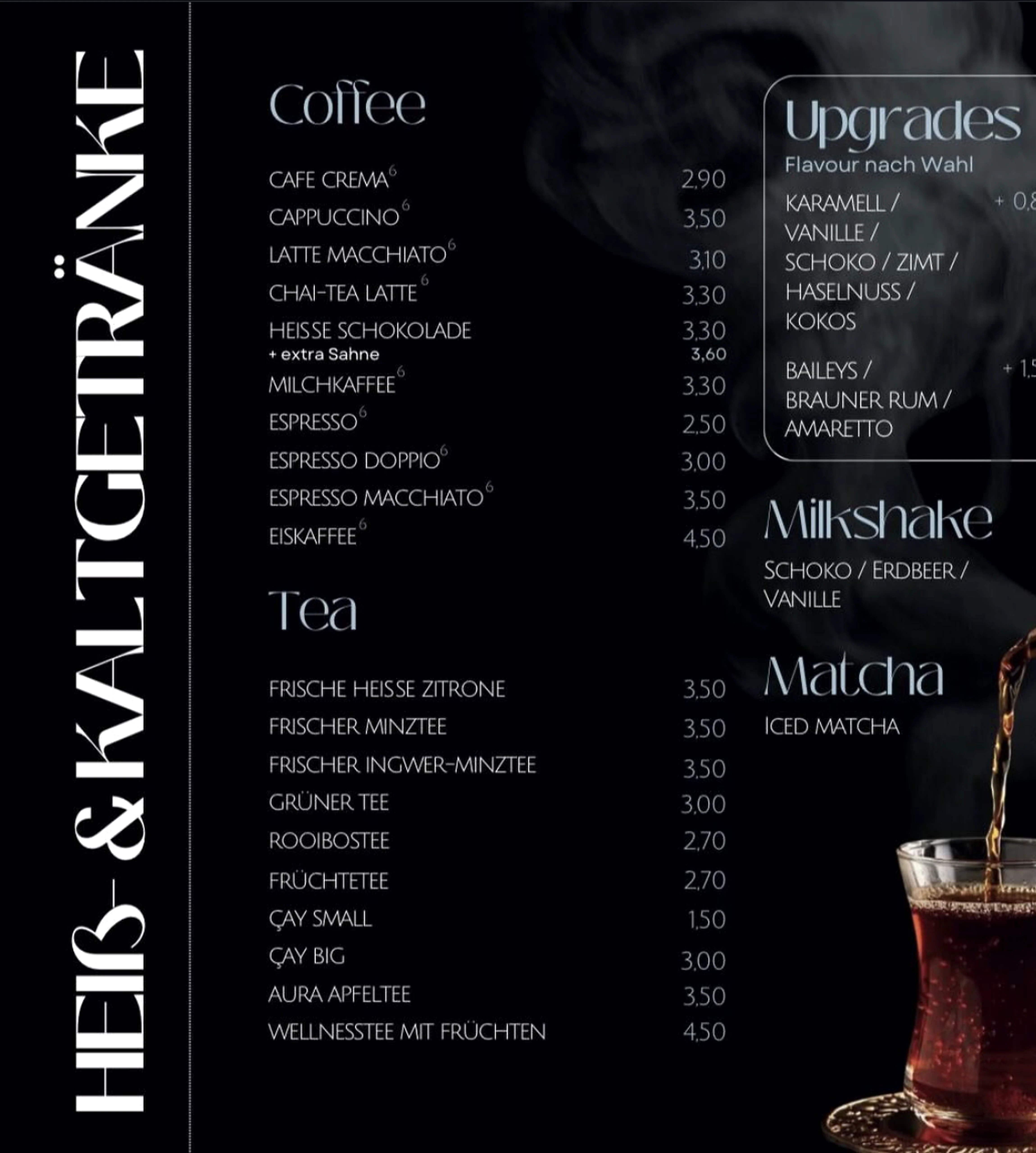 Getränkekarte UP IN SMOKE LOUNGE Soltau – Heiß- & Kaltgetränke